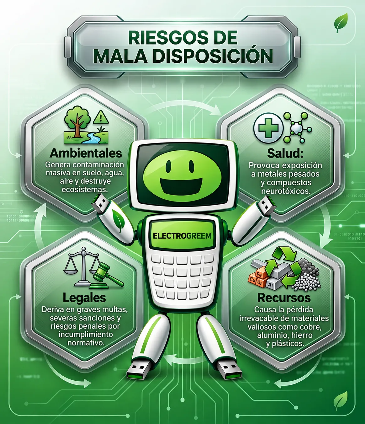 Infografía sobre los riesgos ambientales, sanitarios, legales y de pérdida de recursos por una mala disposición de RAEE